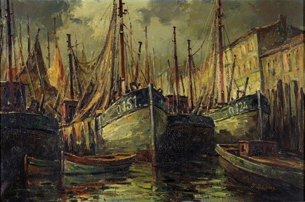 Pittore degli inizi del XX secolo - Velieri in porto
