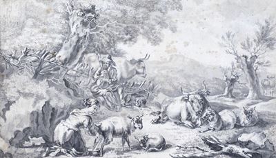 Scena Campestre con Figure, Animali e Rovine