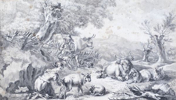 Nicolaes Pietersz Berchem - Scena campestre con figure, animali e rovine