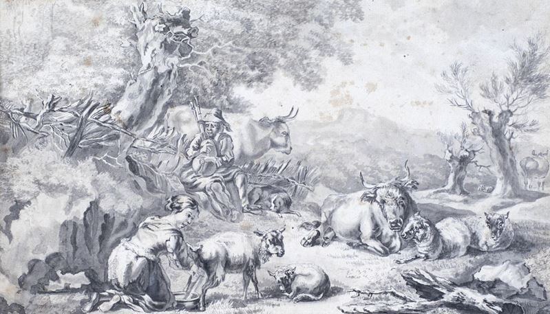 Nicolaes Pietersz Berchem - Scena Campestre con Figure, Animali e Rovine
