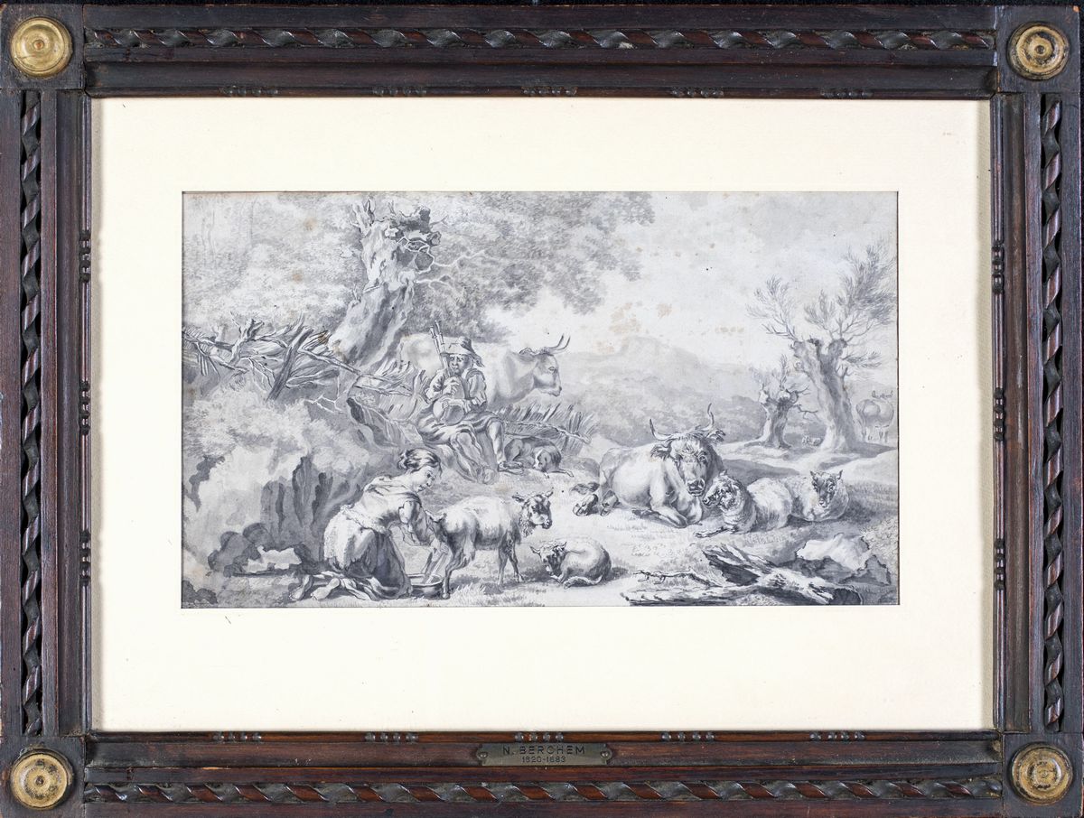 Nicolaes Pietersz Berchem - Scena Campestre con Figure, Animali e Rovine
