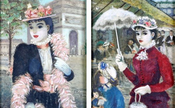Edoardo Tofano - a) Ritratto femminile con boa di struzzo   b) Donna con ombrellino 