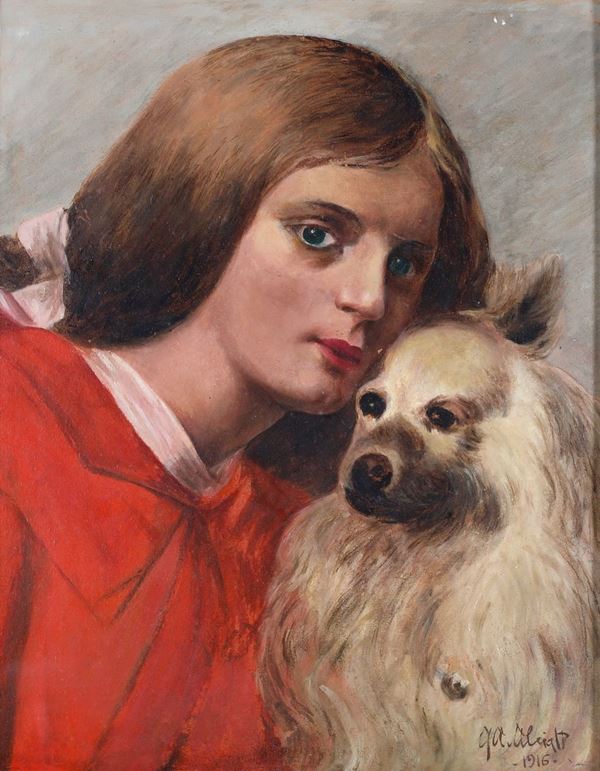 Pittore del XX secolo - Ritratto di giovane donna con cane