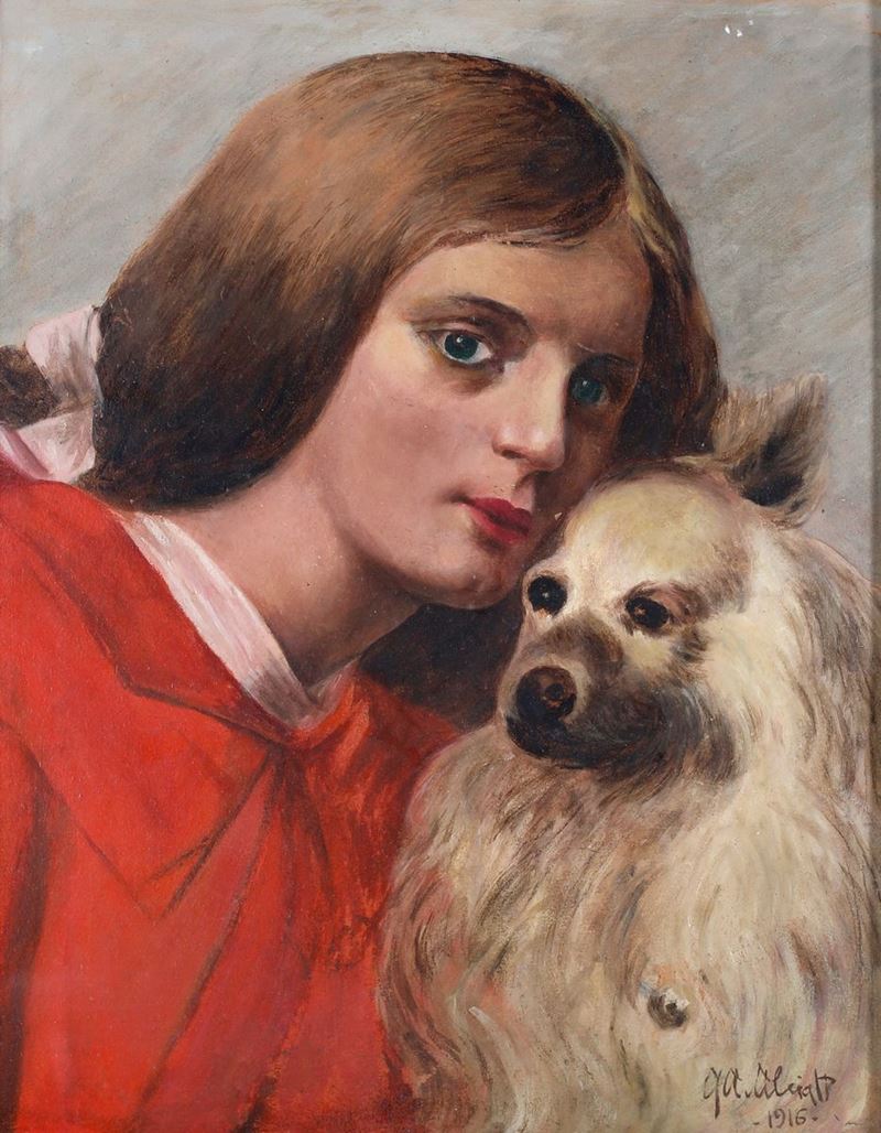 Pittore del XX Secolo - Ritratto di Giovane Donna con Cane