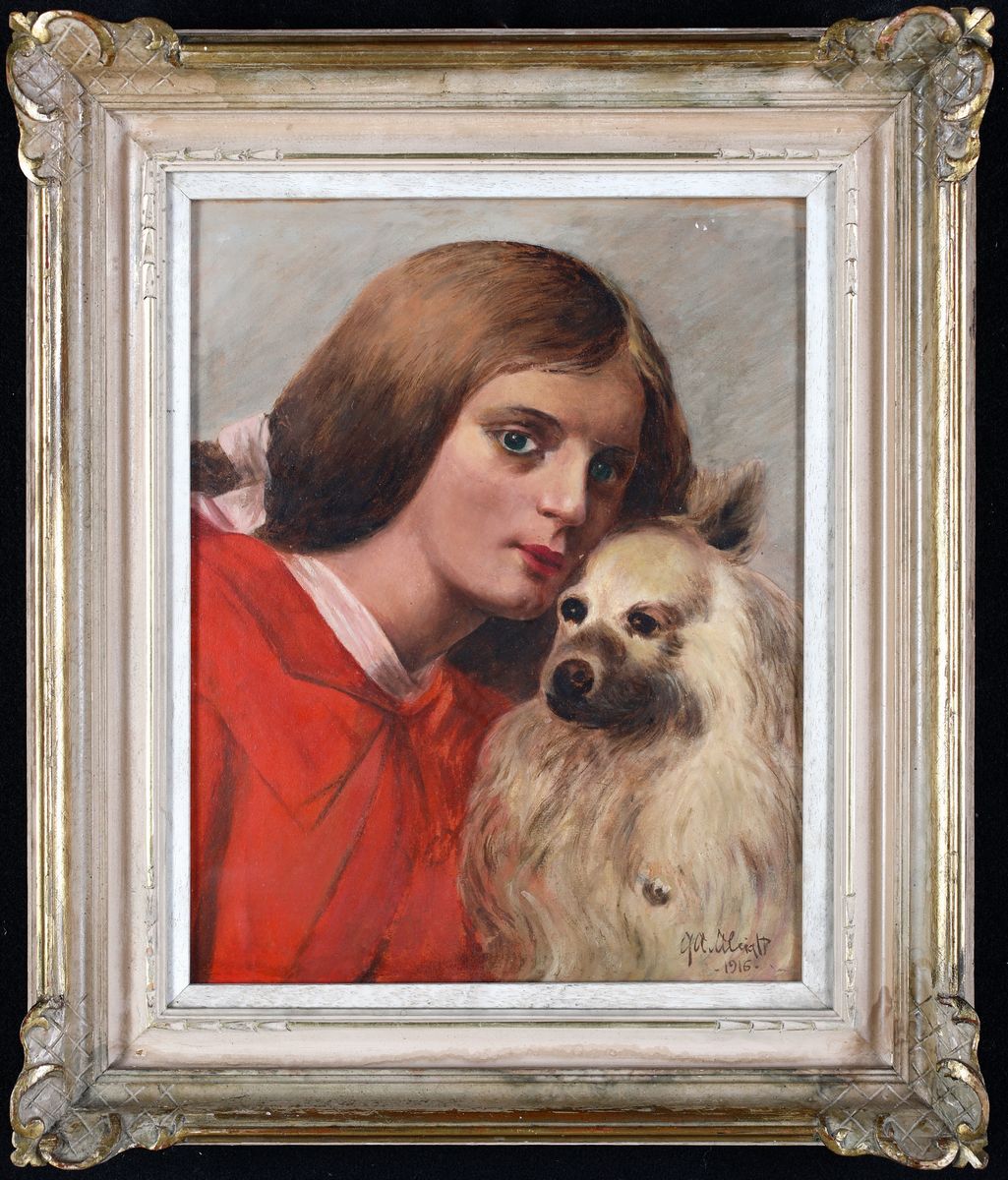 Pittore del XX Secolo - Ritratto di Giovane Donna con Cane