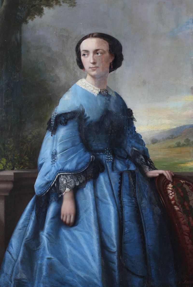 Pittore del XIX Secolo - Ritratto di Gentildonna in Abito Azzurro