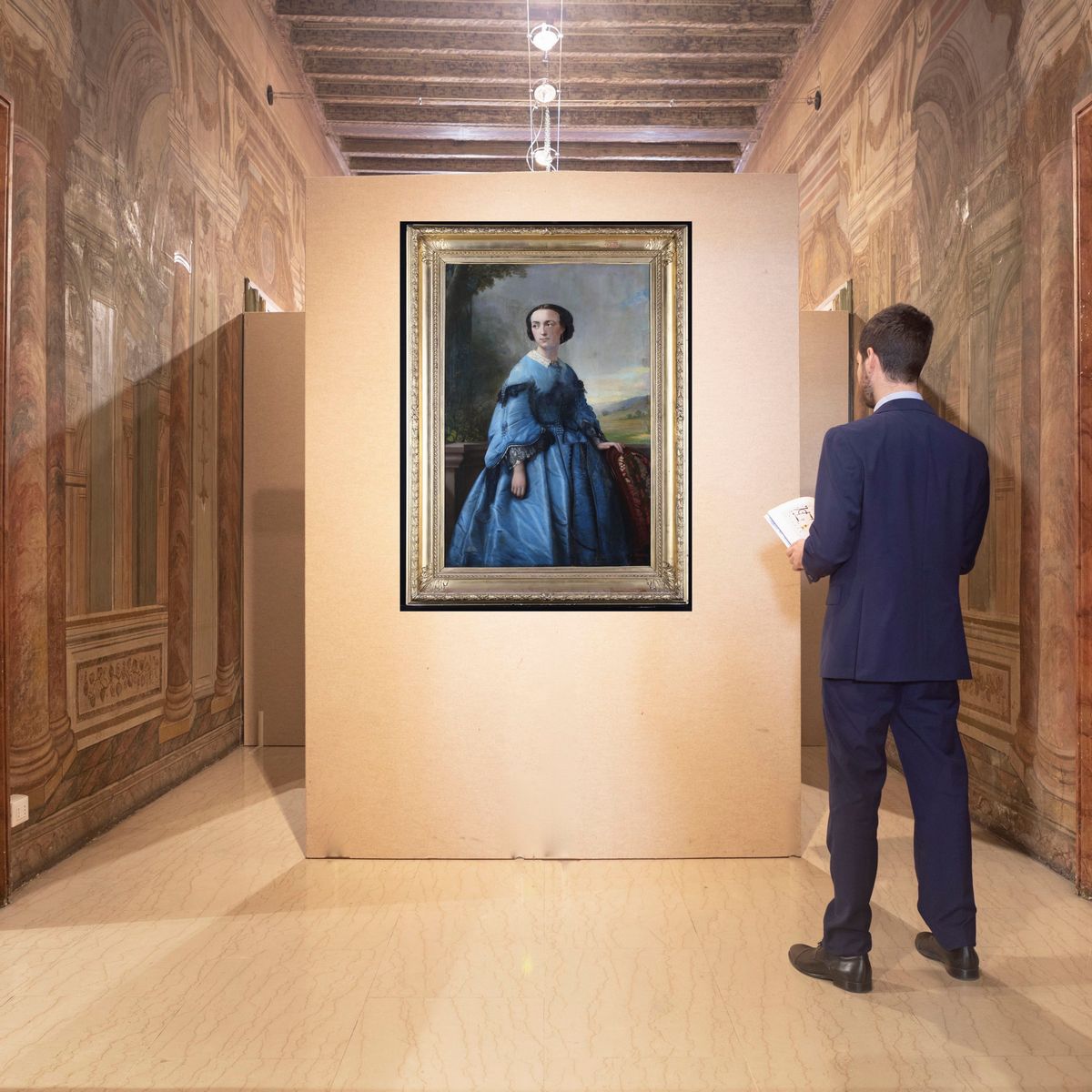 Pittore del XIX Secolo - Ritratto di Gentildonna in Abito Azzurro