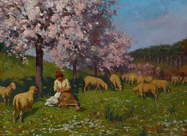 Pittore del XIX secolo - Paesaggio con pastorella e gregge