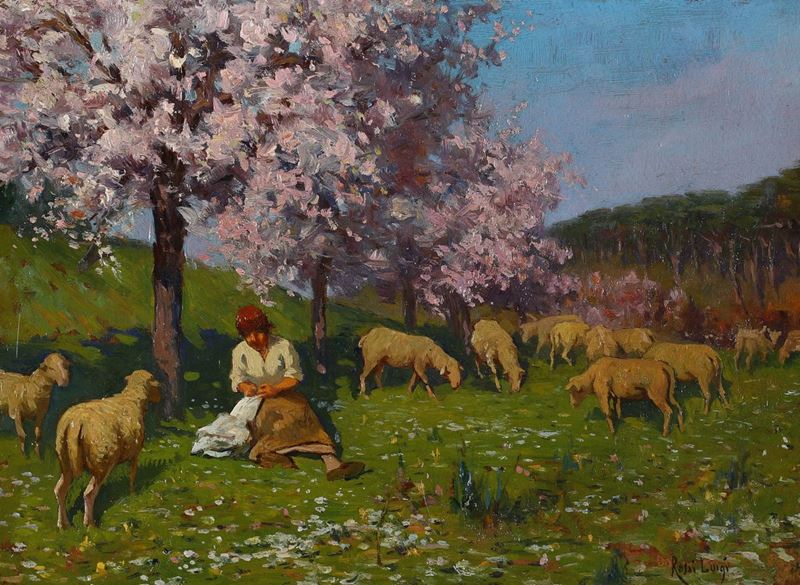 Pittore del XIX Secolo - Paesaggio con Pastorella e Gregge