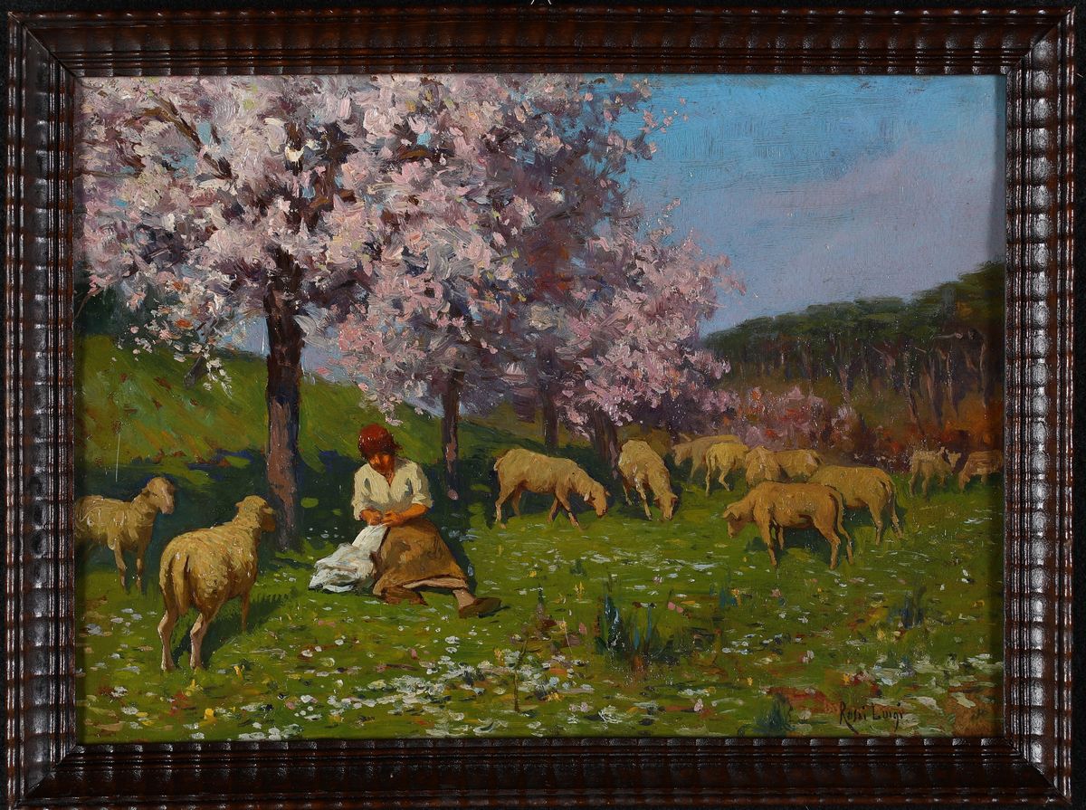 Pittore del XIX Secolo - Paesaggio con Pastorella e Gregge