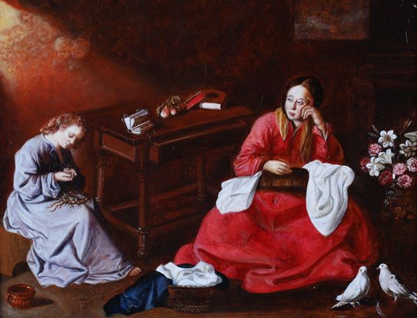 Pittore del XIX secolo - Interno contadino con colombi