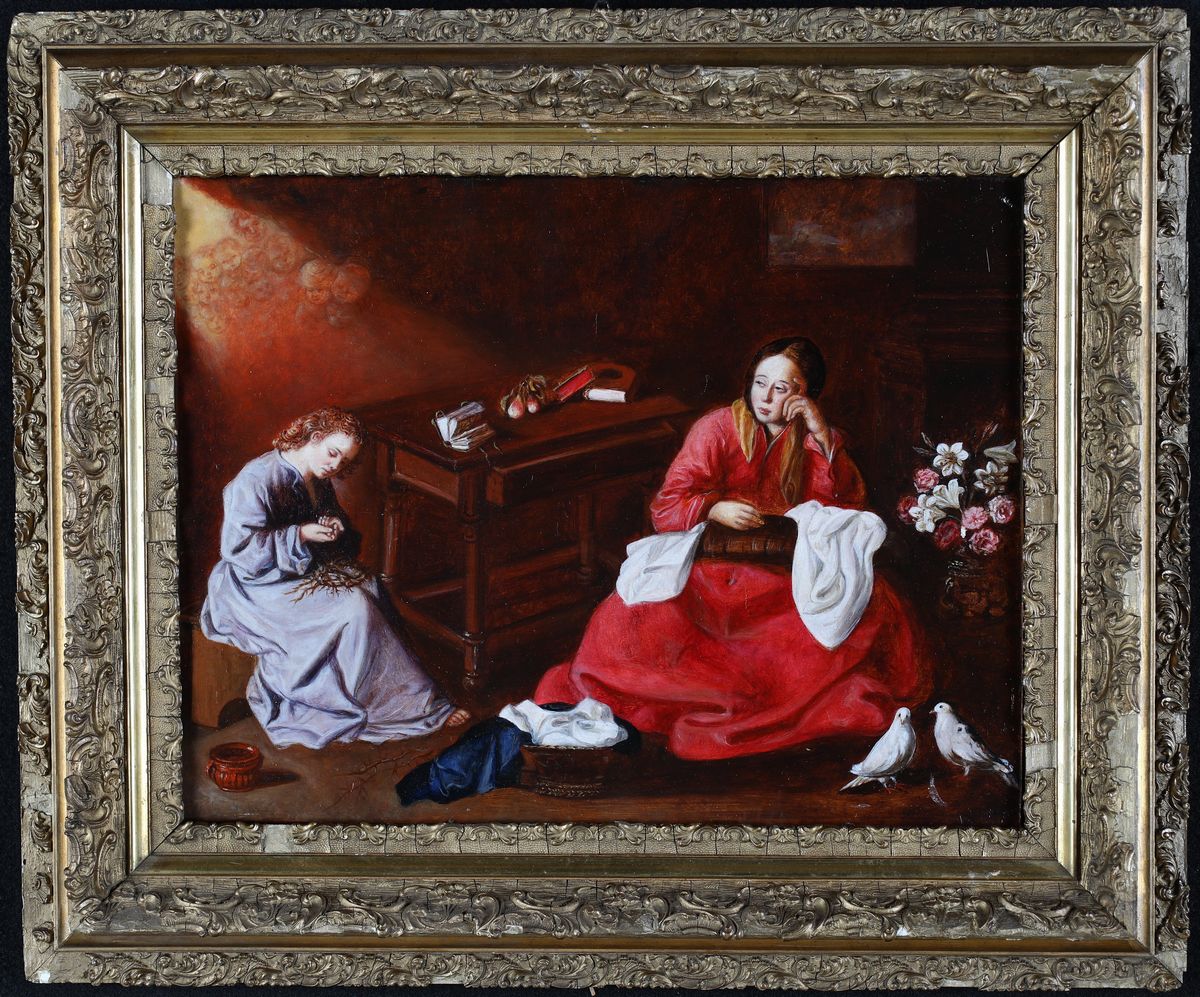 Pittore del XIX Secolo - Interno Contadino con Colombi