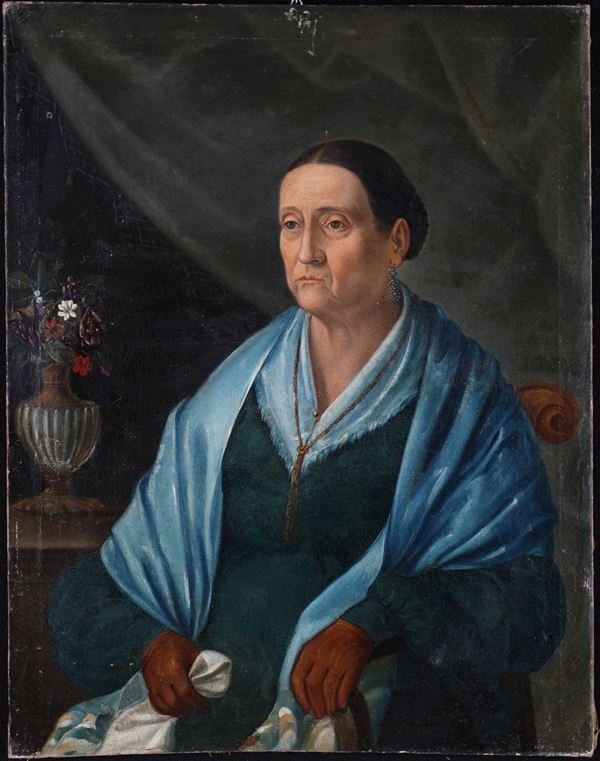 Pittore napoletano del XIX secolo - Ritratto di gentildonna con sautoir e vaso di fiori