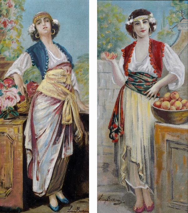 Luigi Bazzani - a) Giovane donna con cesto di rosa  b) Giovane donna con cesta di arance