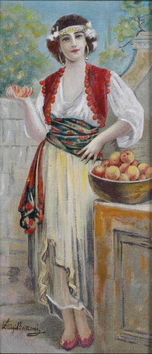 Luigi Bazzani - A) Giovane Donna con Cesto di Rosa B) Giovane Donna con Cesta di Arance
