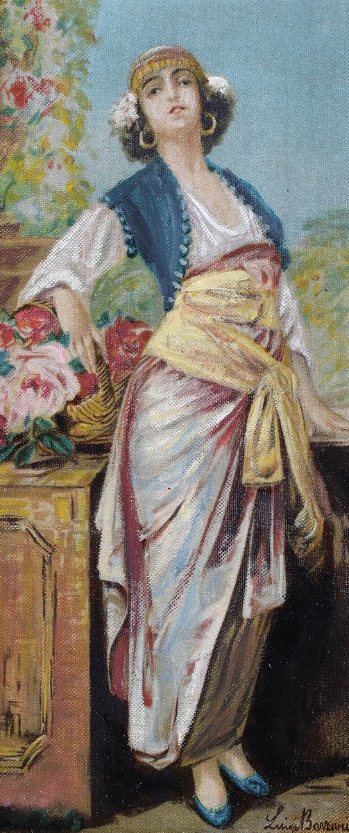 Luigi Bazzani - A) Giovane Donna con Cesto di Rosa B) Giovane Donna con Cesta di Arance