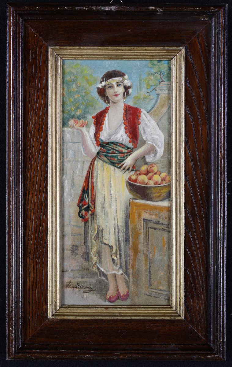 Luigi Bazzani - A) Giovane Donna con Cesto di Rosa B) Giovane Donna con Cesta di Arance