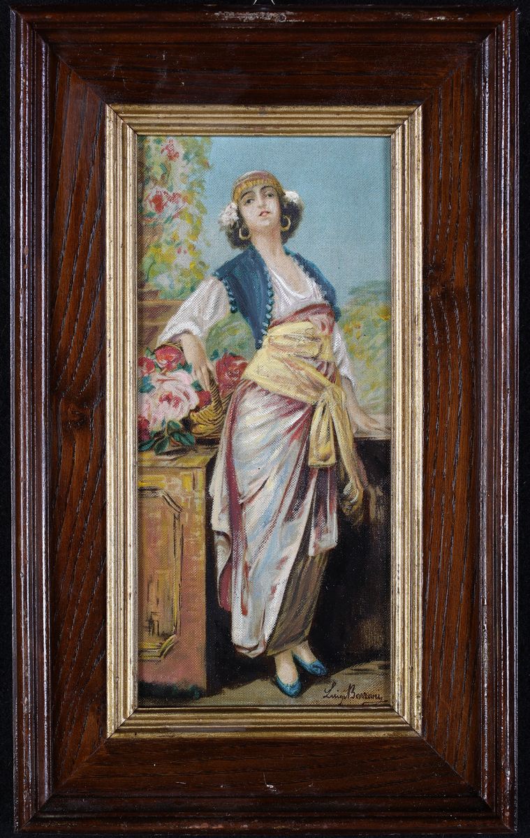 Luigi Bazzani - A) Giovane Donna con Cesto di Rosa B) Giovane Donna con Cesta di Arance