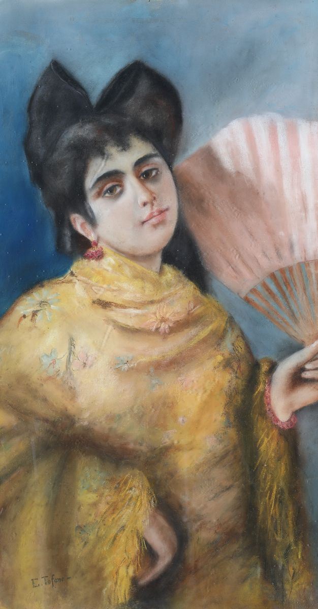 Edoardo Tofano - Ragazza con Ventaglio e Grande Fiocco nei Capelli