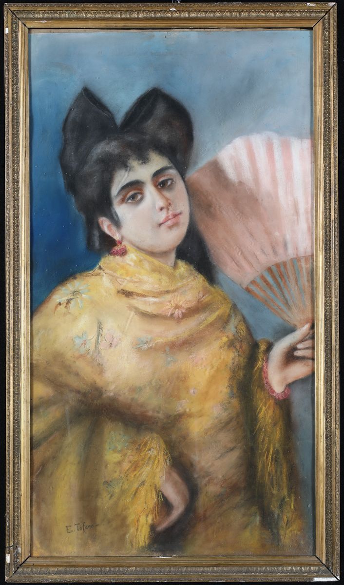Edoardo Tofano - Ragazza con Ventaglio e Grande Fiocco nei Capelli