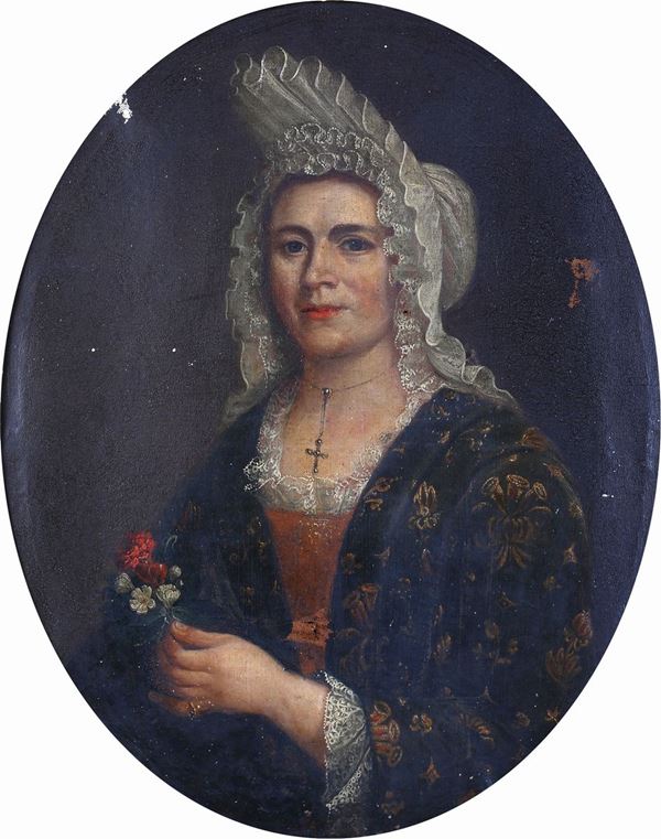 Pittore del XIX secolo - Ritratto di gentildonna con piccolo bouquet fiorito