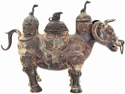 Antico Incensiere Zoomorfo in Bronzo Brunito, Cina