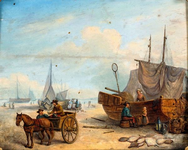Pittore del XIX secolo - Marina con barche a riva e carrozza