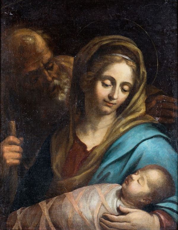 Pittore del XVII secolo - Sacra Famiglia con Ges&#249; in fasce