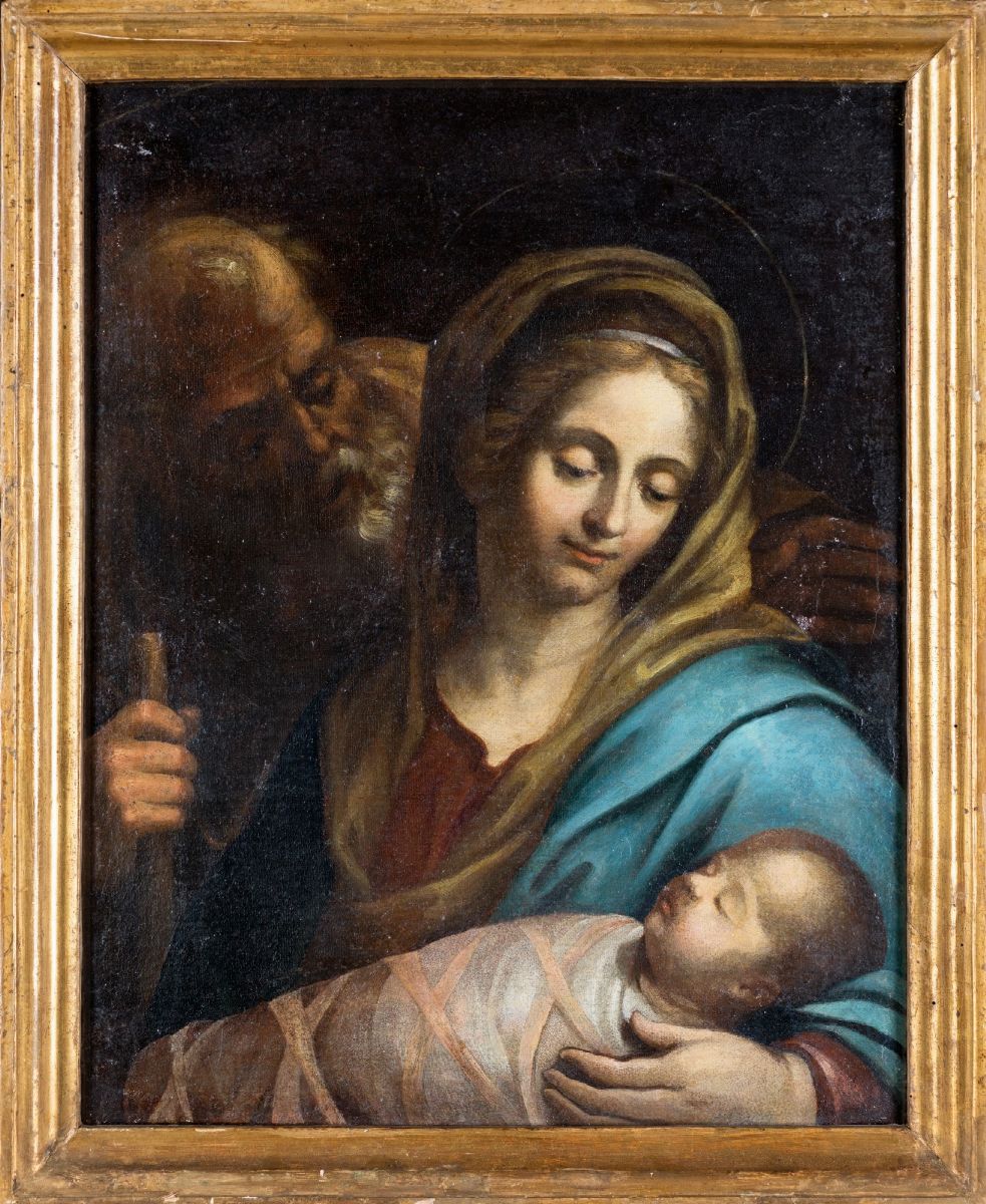 Pittore del XVII Secolo - Sacra Famiglia con Gesù in Fasce