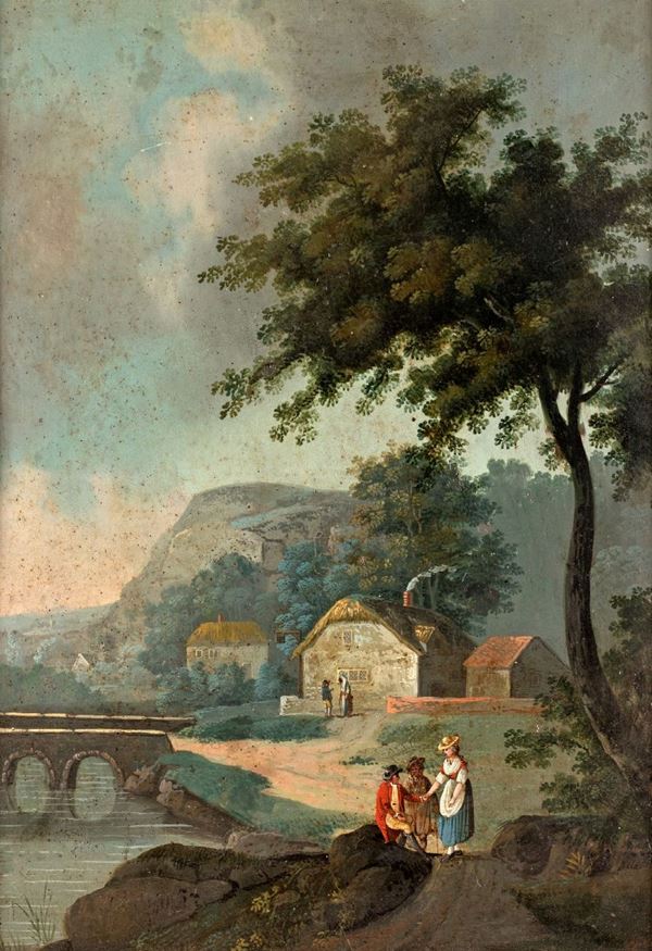 Pittore fine XVIII/inizio XIX secolo - Paesaggio fluviale con borgo e figure