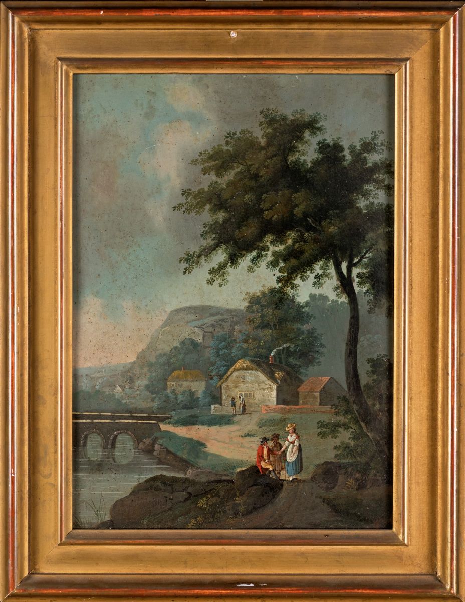 Pittore Fine XVIII/inizio XIX Secolo - Paesaggio Fluviale con Borgo e Figure