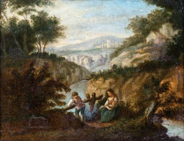 Pittore fine del XVIII secolo - Paesaggio fluviale con gruppo di famiglia