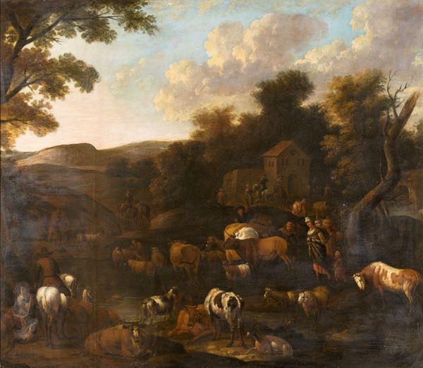 Scuola Fiamminga del XVII secolo - Paesaggio con armenti