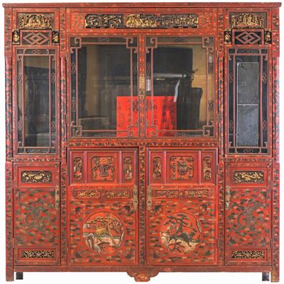 Vetrina in Legno Laccato Rosso, Cina, XIX Secolo