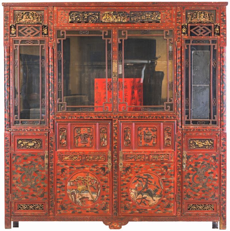 Vetrina in Legno Laccato Rosso, Cina, XIX Secolo