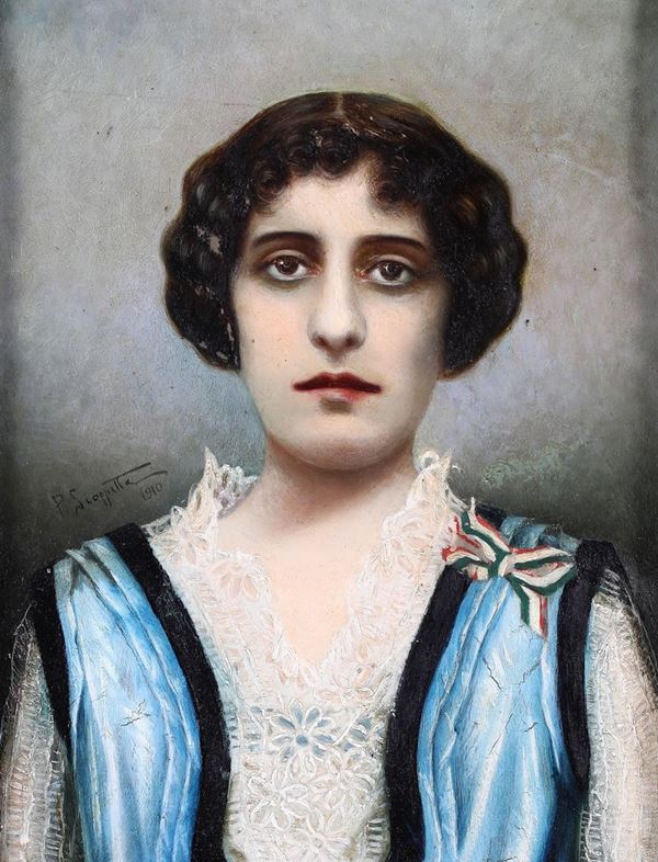 Pittore del XIX/XX secolo - Giovane donna con fiocco tricolore sulla spalla sinistra