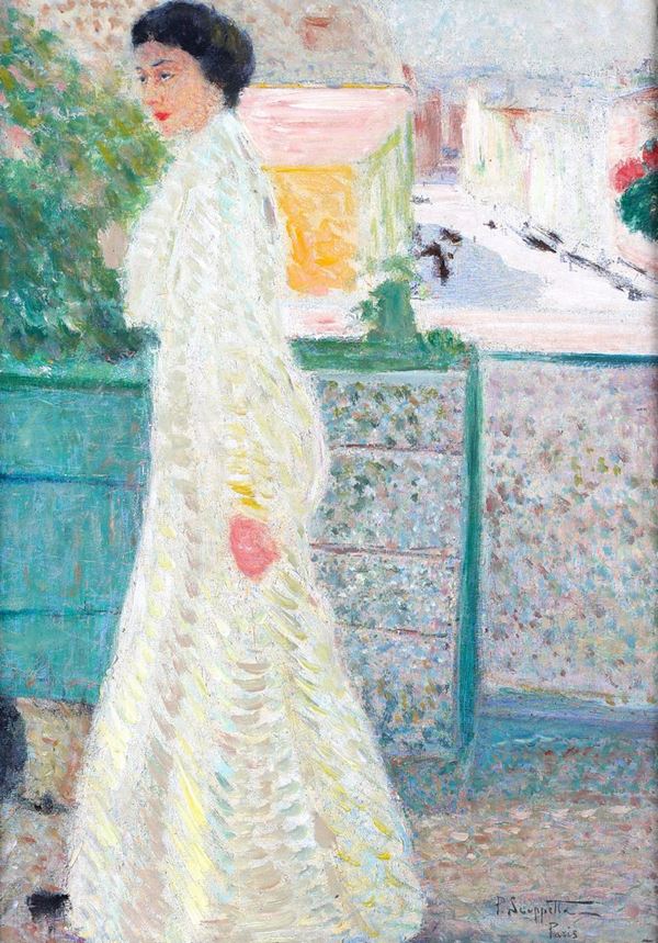 Pittore del XIX/XX secolo - Donna in abito bianco