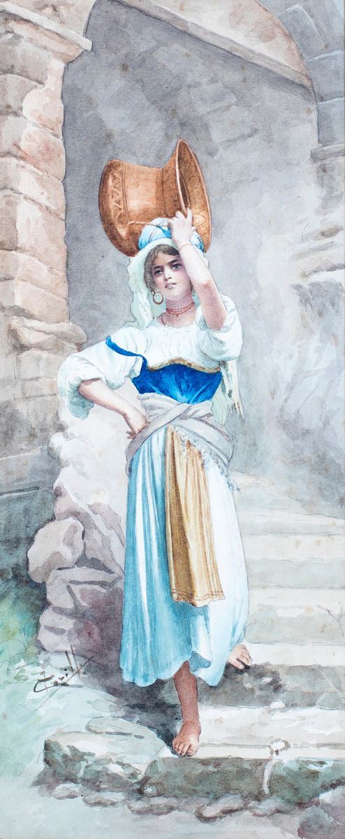 Pittore del XIX secolo - Donna con anfora in rame