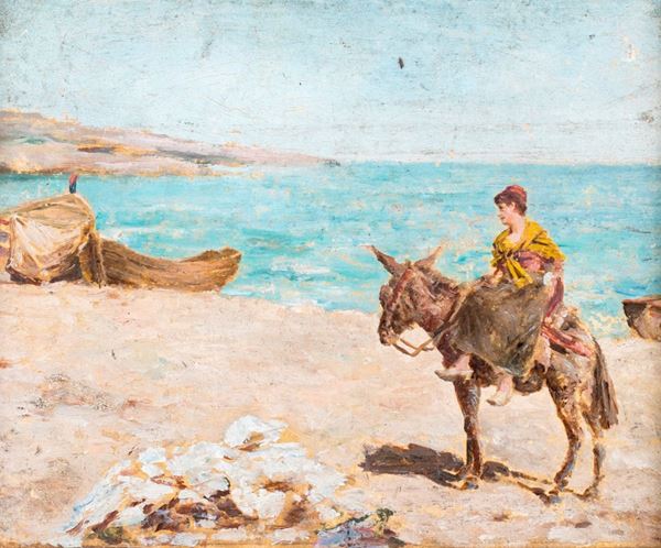 Pittore del XIX/XX secolo - Spiaggia con donna su un somaro