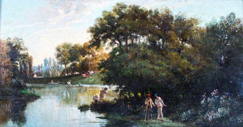 Pittore Francese del XIX Secolo - Parco con Stagno e Figure