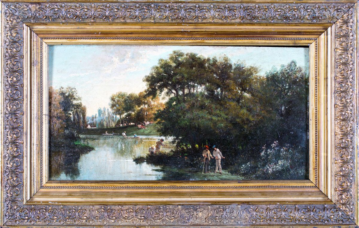Pittore Francese del XIX Secolo - Parco con Stagno e Figure