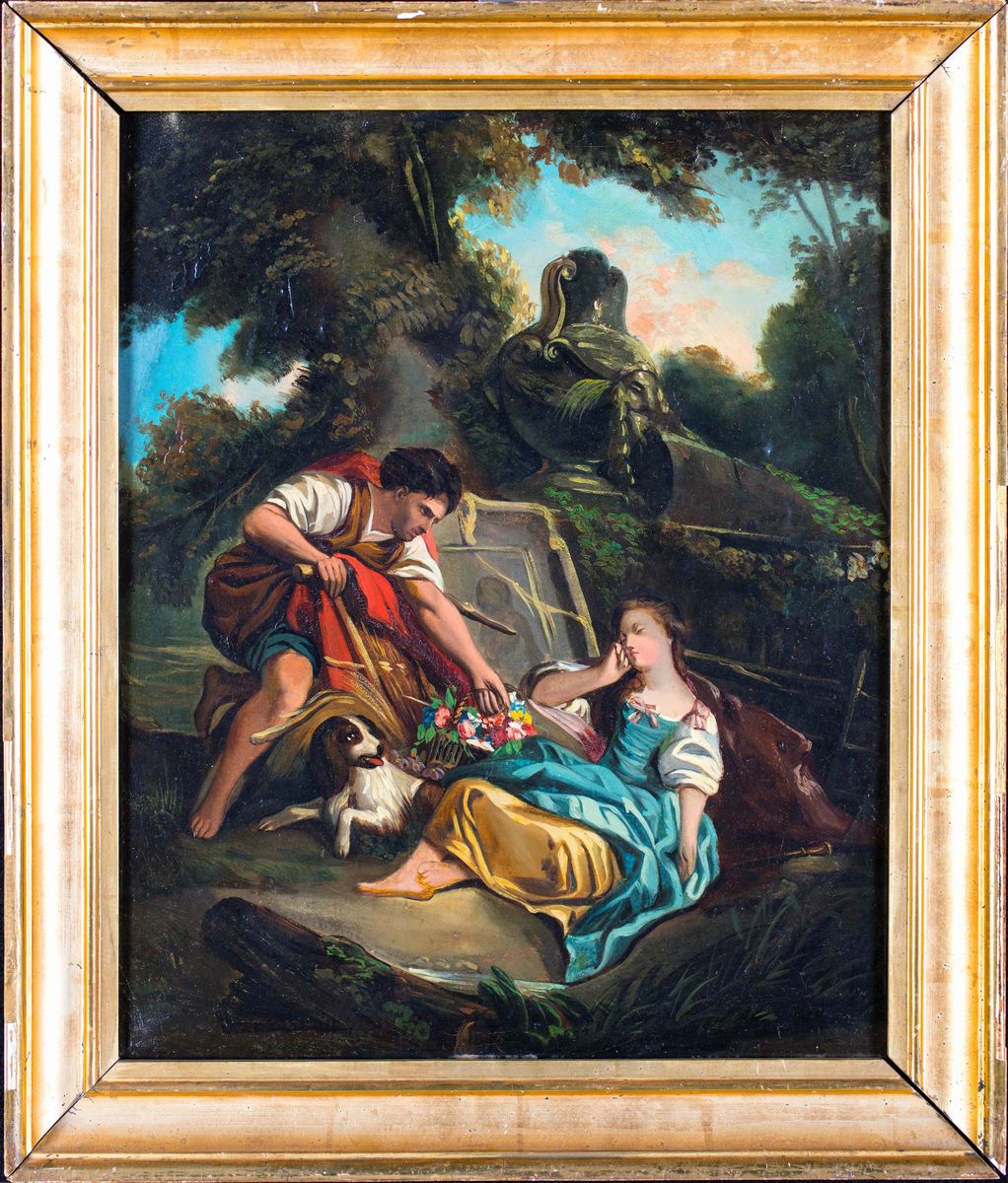 Scuola Francese del XIX Secolo - Campagnola Addormentata con Corteggiatore