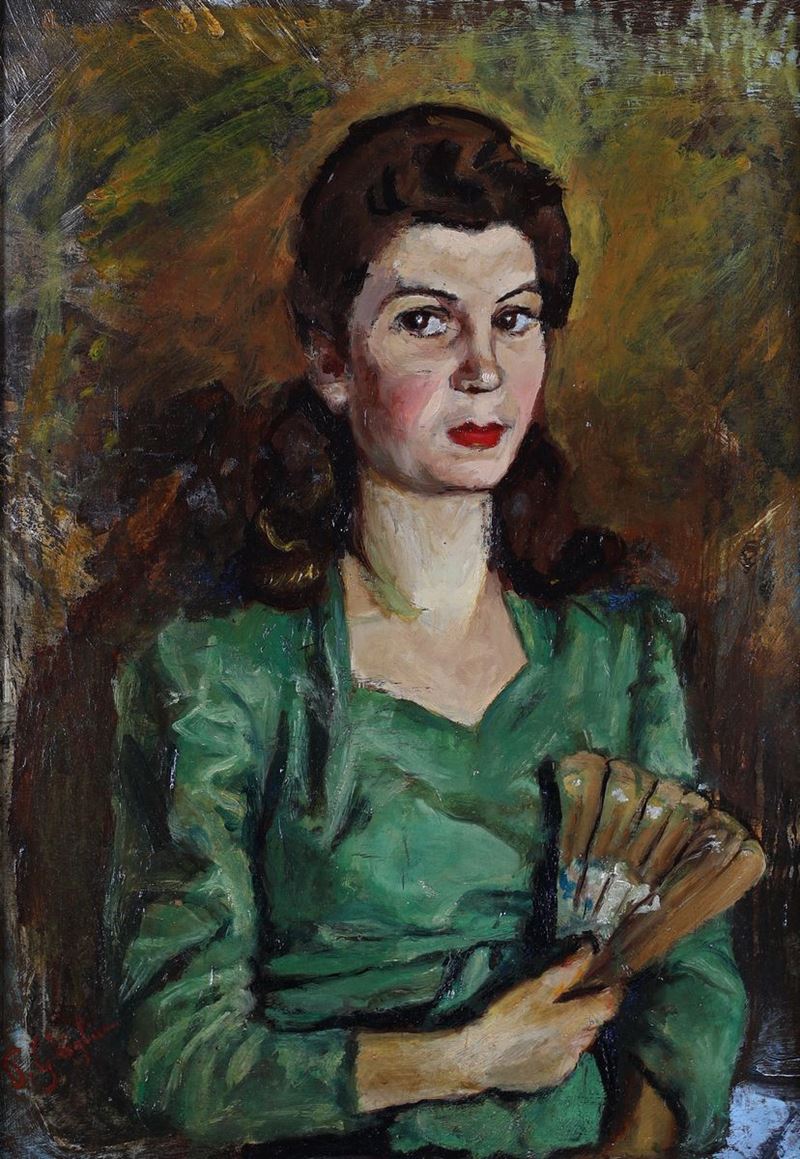 Paulo Ghiglia - Donna in Abito Verde con Ventaglio