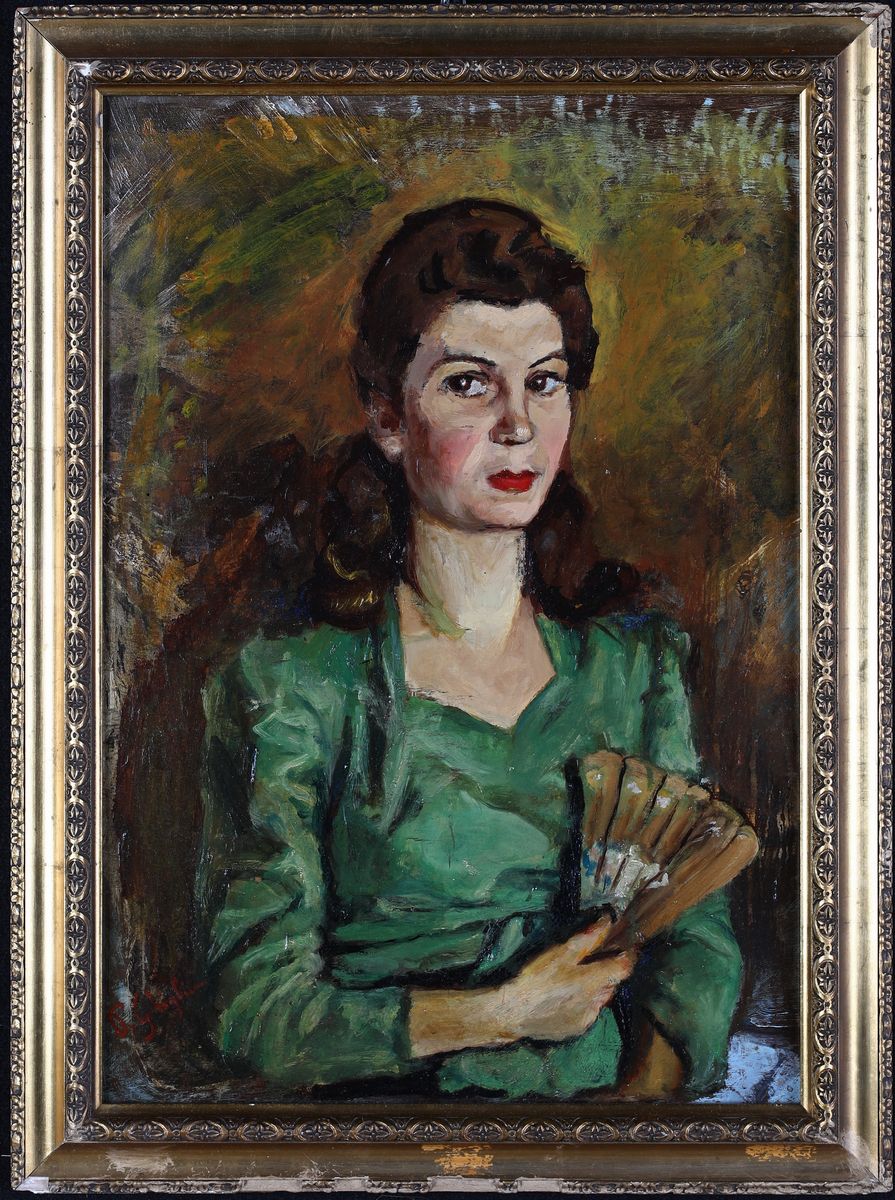 Paulo Ghiglia - Donna in Abito Verde con Ventaglio