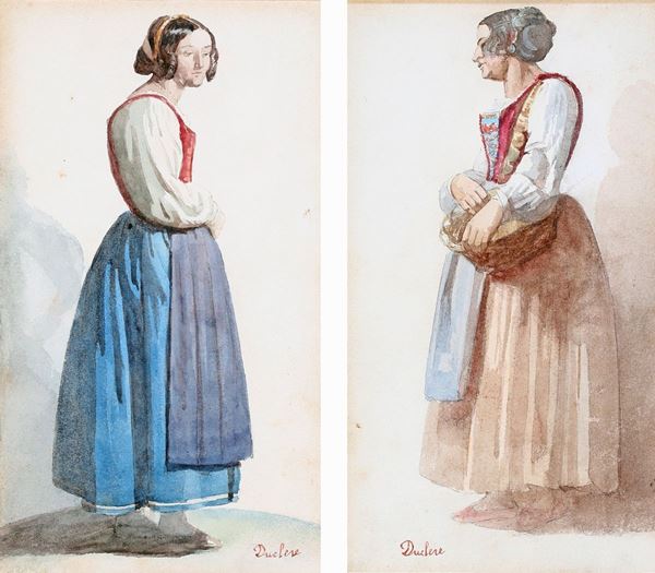 Teodoro Ducl&#232;re - a) Donna con gonna azzurra  b) Donna con cesta