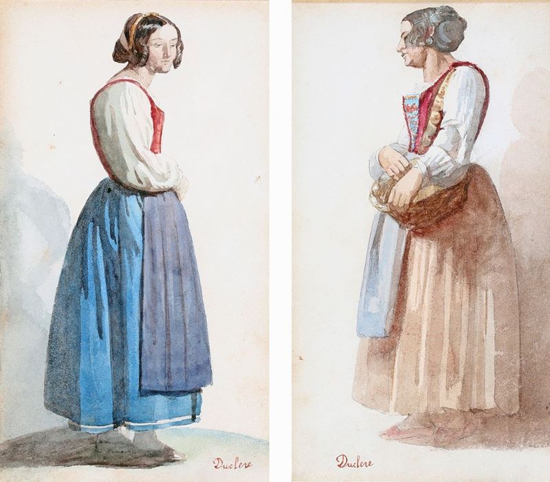 Teodoro Duclère - A) Donna con Gonna Azzurra B) Donna con Cesta