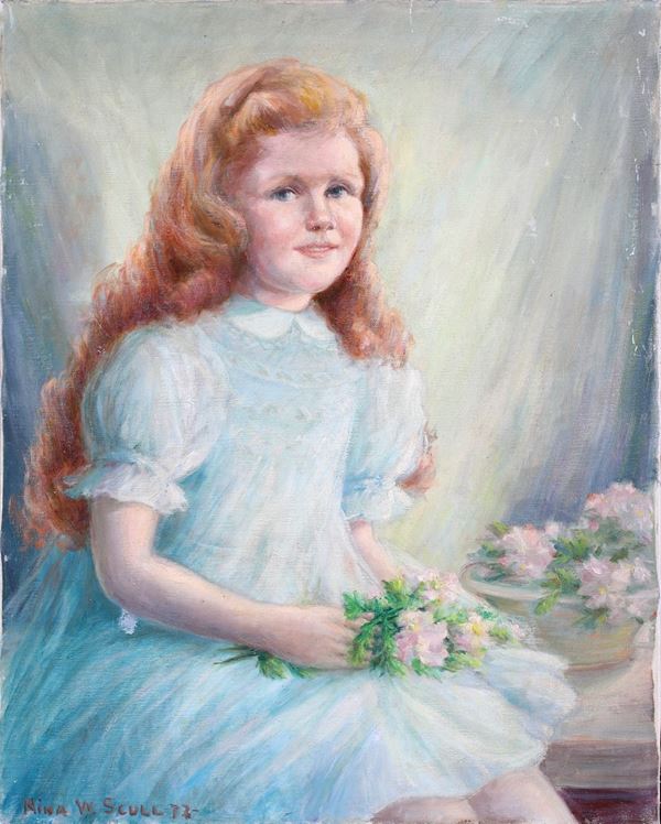Nina Woloshukova Scull : Ritratto di bambina con mazzolino di fiori (Jennifer Leigh Wolf)  - olio su tela - Asta Asta a Tempo - La bellezza di una Donna è riflessa nella sua anima - Casa d'Aste Arcadia