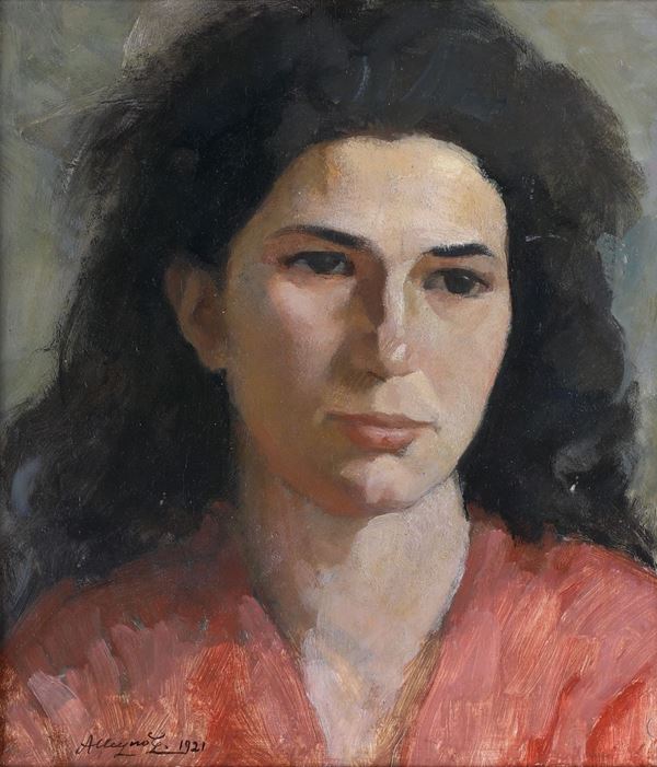 Pittore del XX secolo - Ragazza con camicia rossa e capelli neri