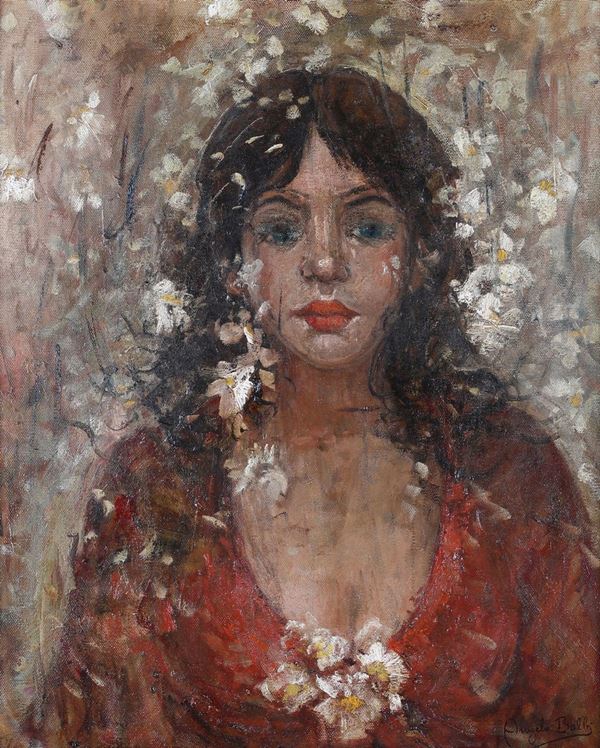 Angelo Balbi - Fanciulla con fiori e abito rosso