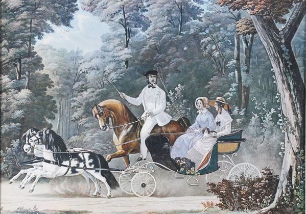 Paesaggio con cavaliere e donne in calesse